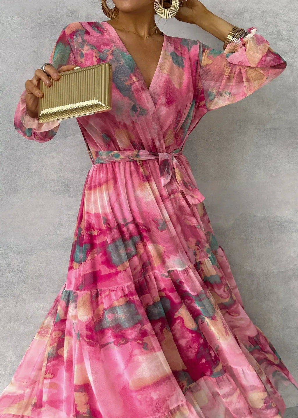 Vestido longo floral transpassado com mangas amplas — Bene Donna — imagem 07