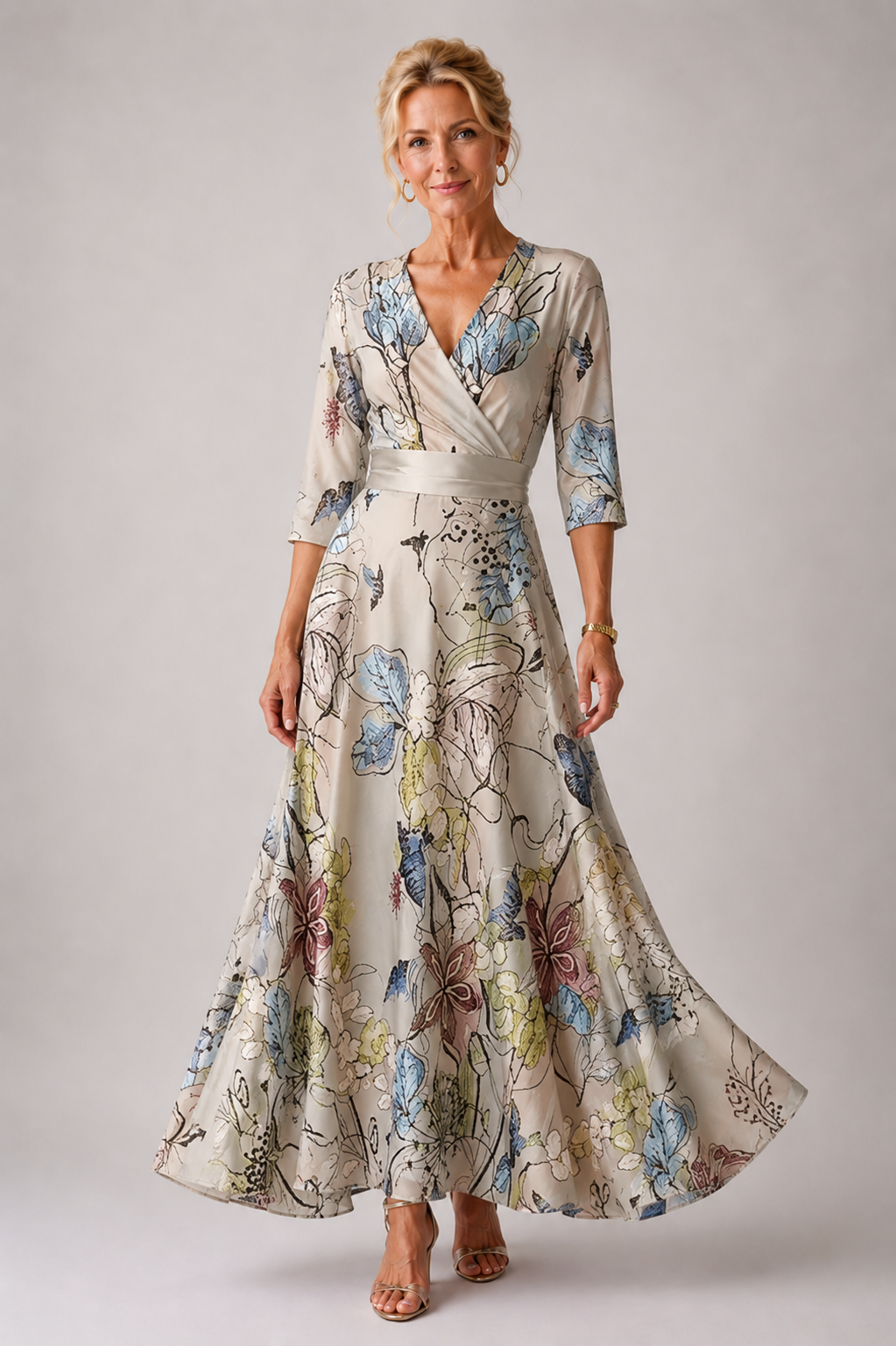 Vestido longo floral transpassado com mangas três quartos — Bene Donna — imagem 01