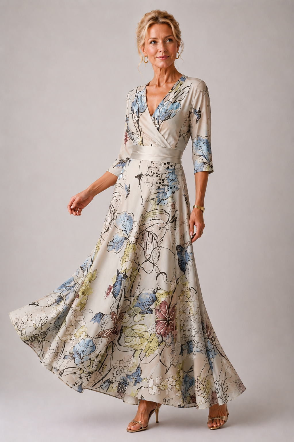 Vestido longo floral transpassado com mangas três quartos — Bene Donna — imagem 03