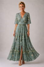 Vestido longo floral transpassado com mangas três quartos — Bene Donna — imagem 04