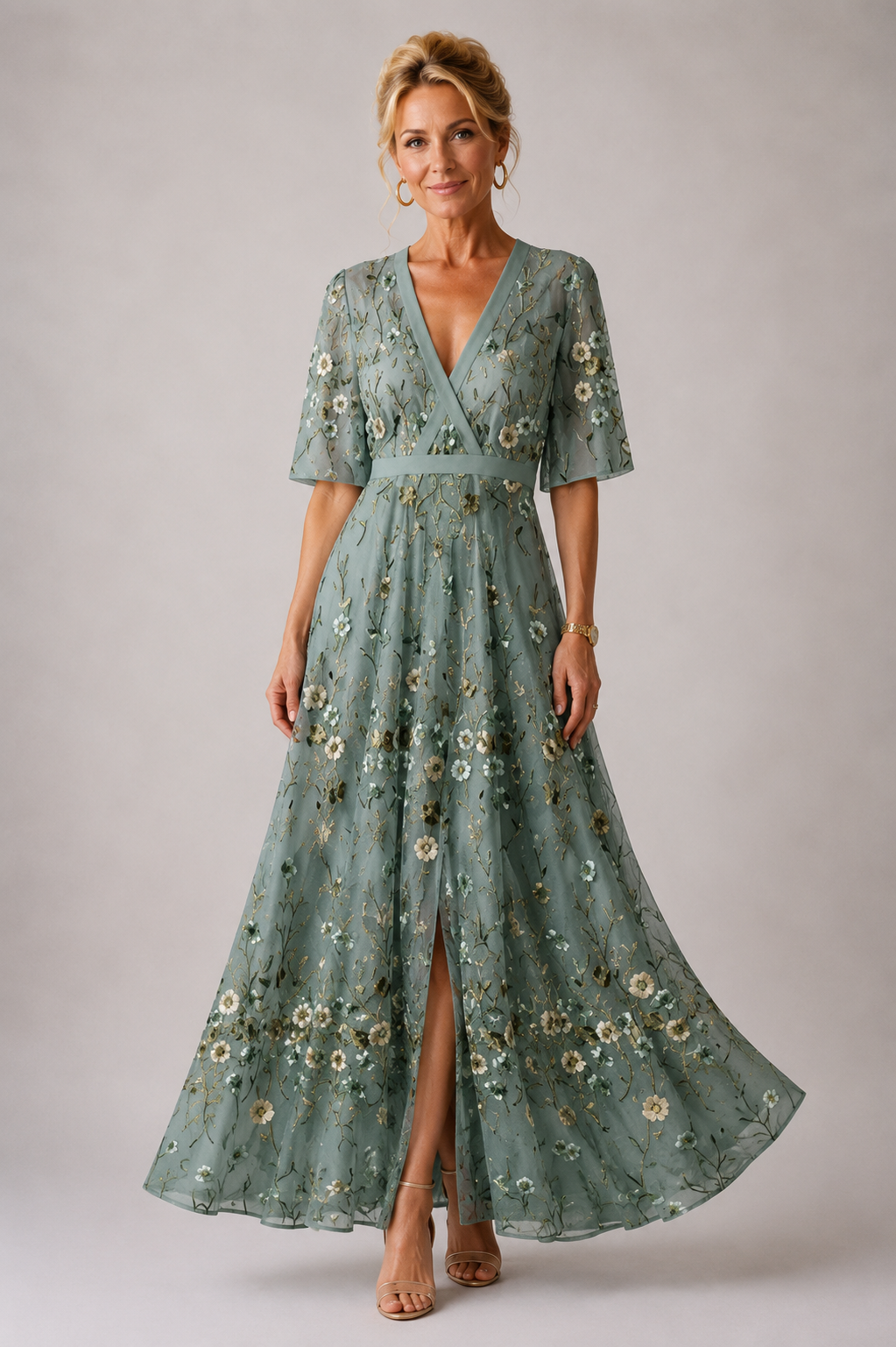 Vestido longo floral transpassado com mangas três quartos — Bene Donna — imagem 04