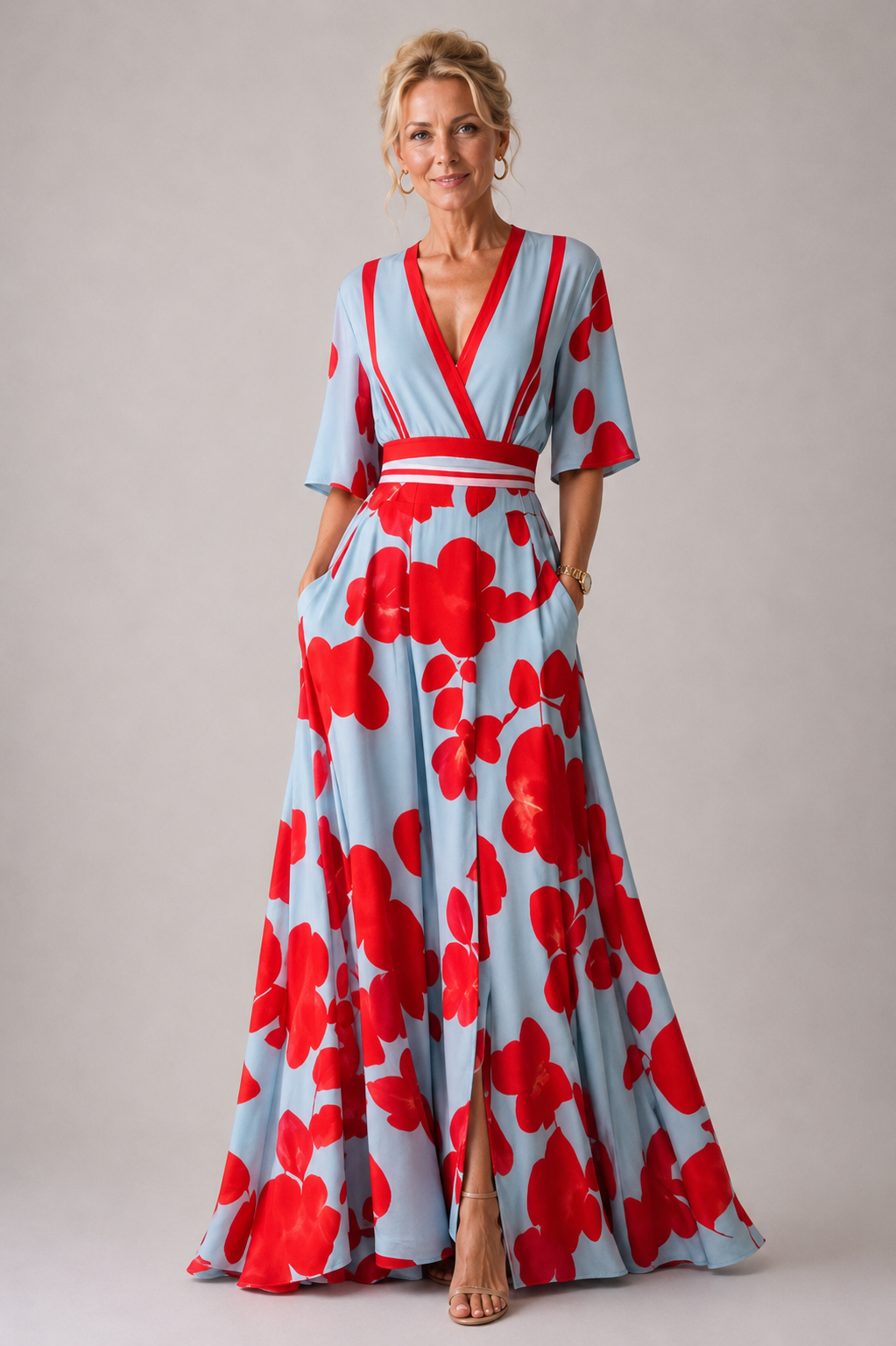 Vestido longo floral transpassado com mangas três quartos — Bene Donna — imagem 05
