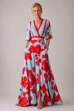 Vestido longo floral transpassado com mangas três quartos — Bene Donna — imagem 05