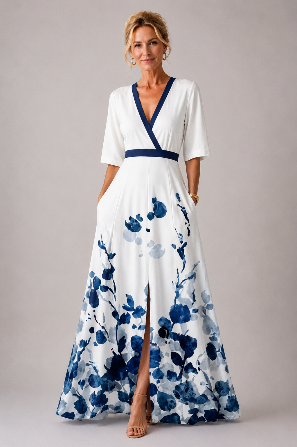 Vestido longo floral transpassado com mangas três quartos — Bene Donna — imagem 06