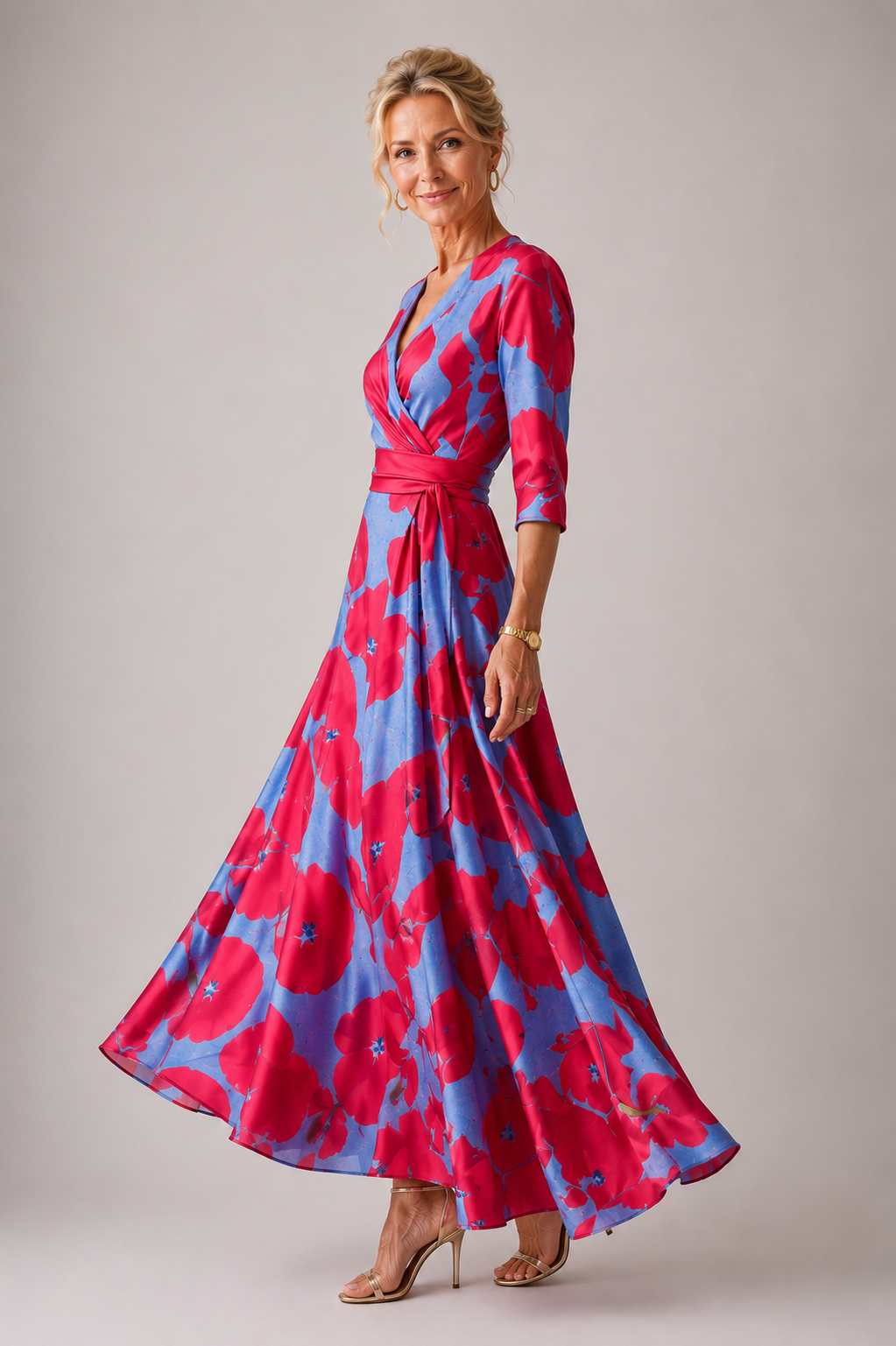 Vestido longo floral transpassado com mangas três quartos — Bene Donna — imagem 08