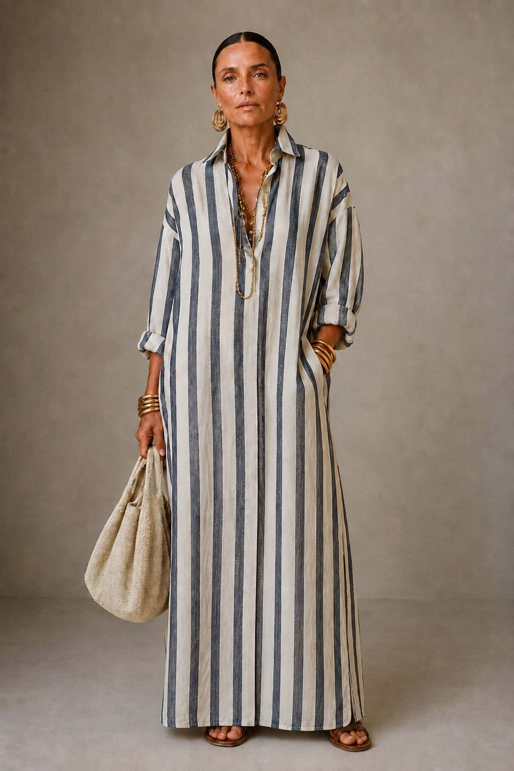 Vestido longo listrado amplo com gola e mangas longas — Bene Donna — imagem 01