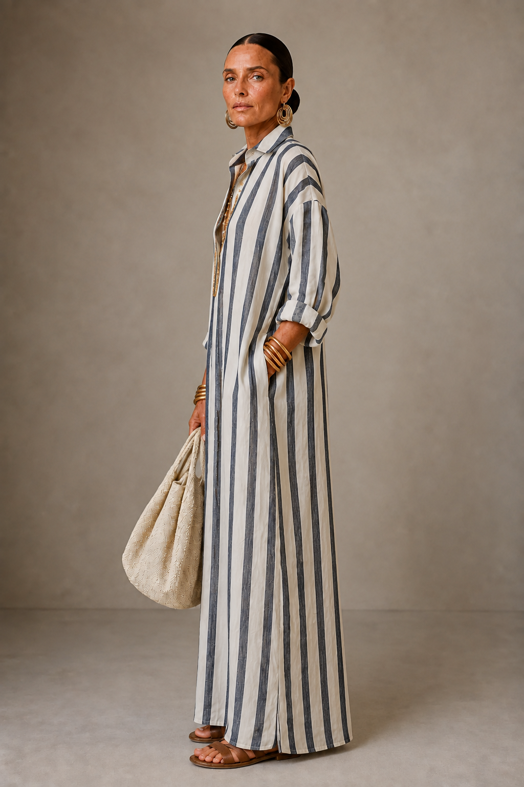 Vestido longo listrado amplo com gola e mangas longas — Bene Donna — imagem 02