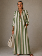 Vestido longo listrado amplo com gola e mangas longas — Bene Donna — imagem 04