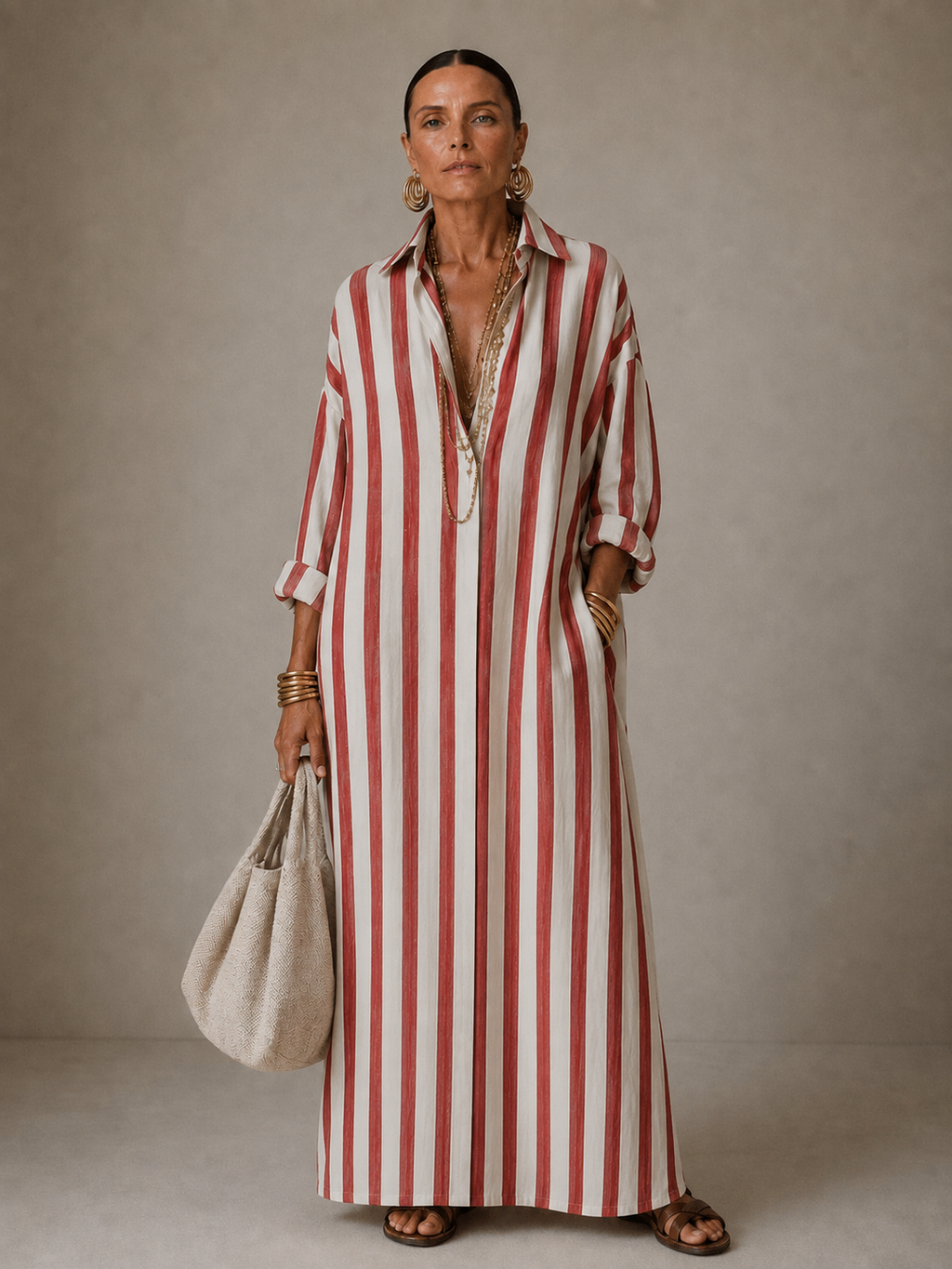Vestido longo listrado amplo com gola e mangas longas — Bene Donna — imagem 05