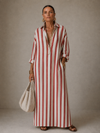 Vestido longo listrado amplo com gola e mangas longas — Bene Donna — imagem 05