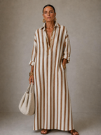 Vestido longo listrado amplo com gola e mangas longas — Bene Donna — imagem 06
