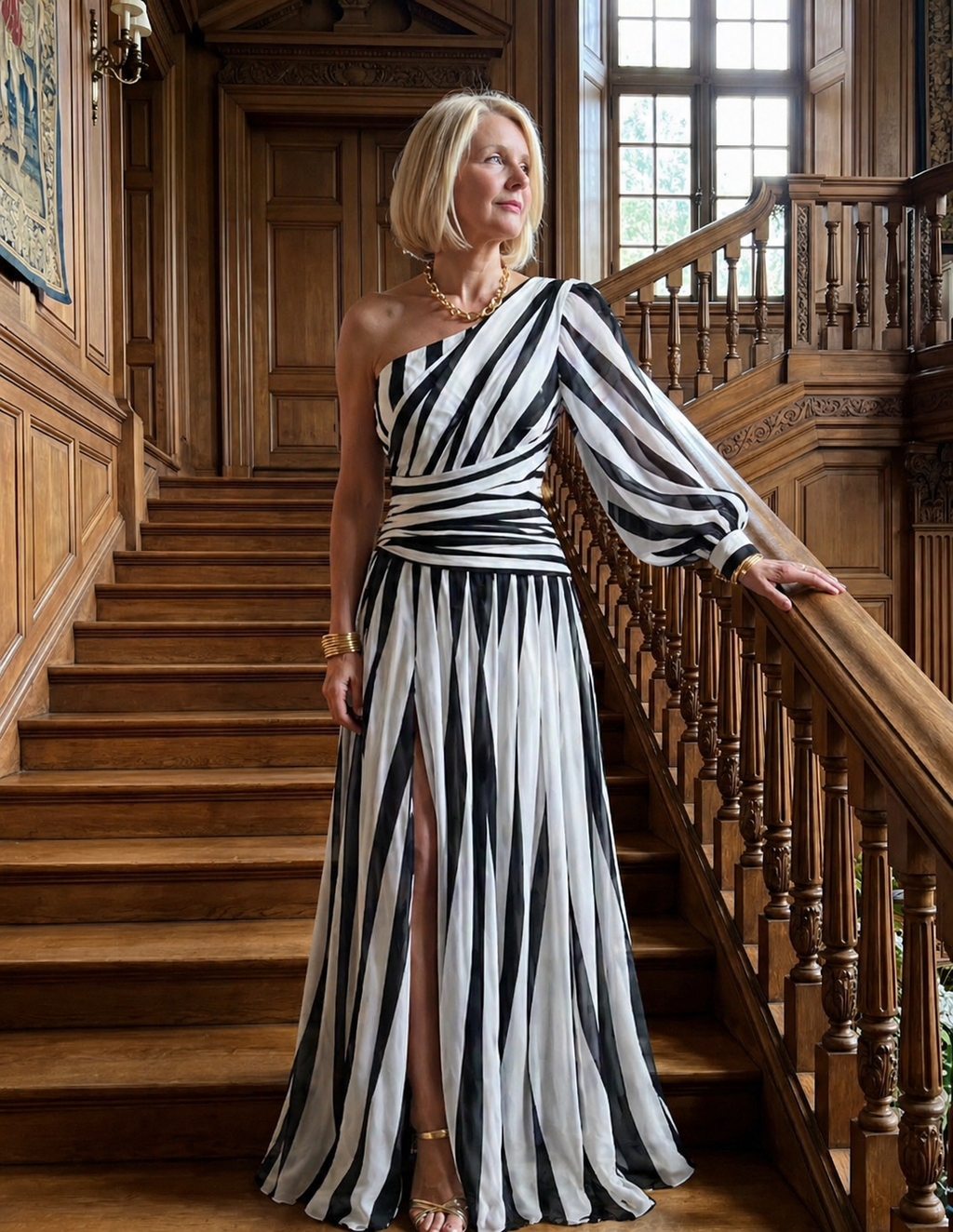 Vestido longo listrado de um ombro só — Bene Donna — imagem 02