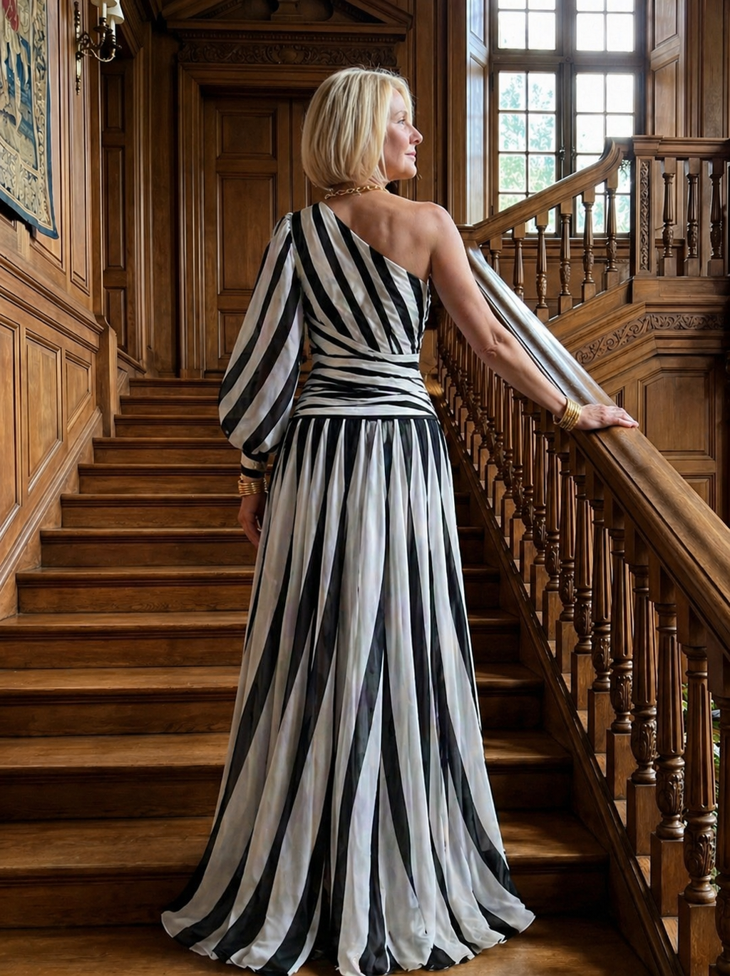 Vestido longo listrado de um ombro só — Bene Donna — imagem 03