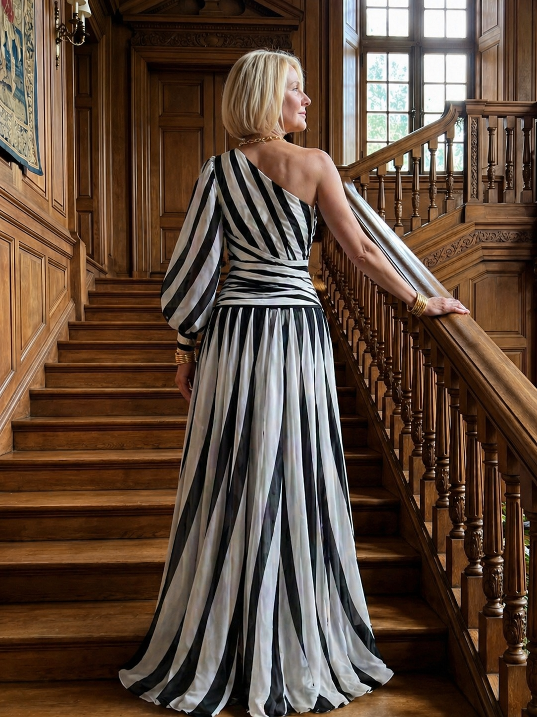 Vestido longo listrado de um ombro só — Bene Donna — imagem 03