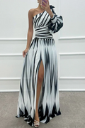 Vestido longo listrado de um ombro só — Bene Donna — imagem 04