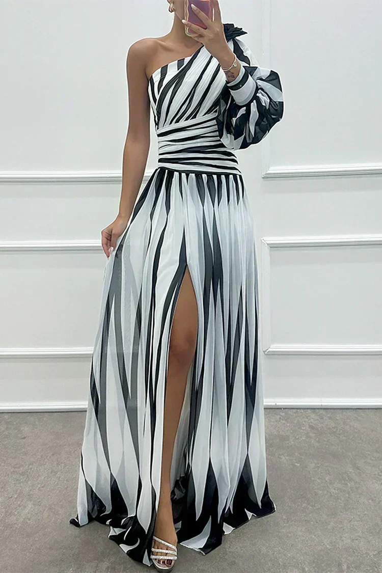 Vestido longo listrado de um ombro só — Bene Donna — imagem 04