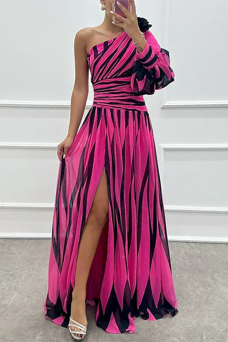 Vestido longo listrado de um ombro só — Bene Donna — imagem 05