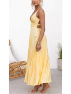 Vestido longo plissado com decote V e costas abertas — Bene Donna — imagem 05