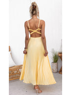 Vestido longo plissado com decote V e costas abertas — Bene Donna — imagem 07