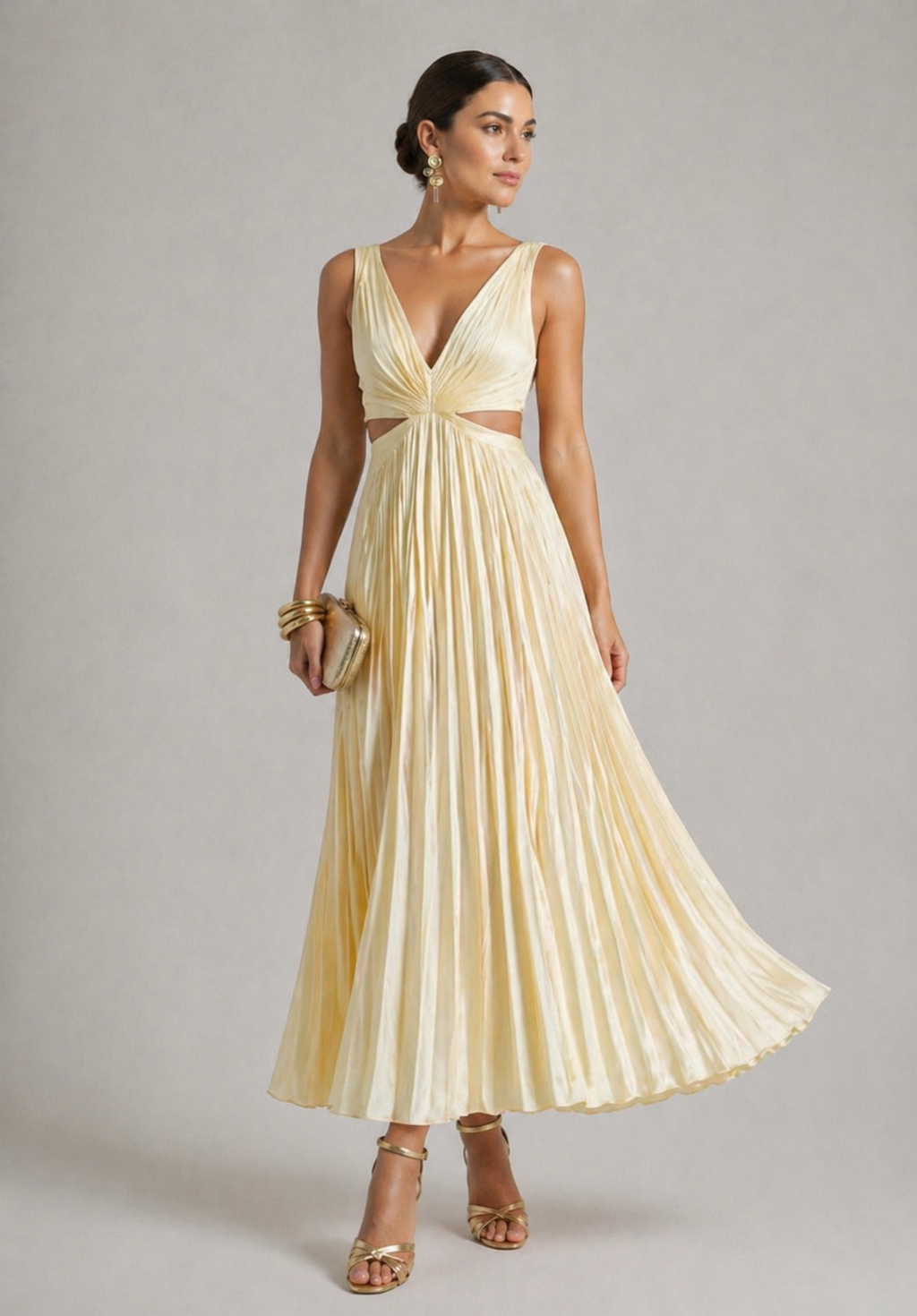 Vestido longo plissado com recorte na cintura — Bene Donna — imagem 01