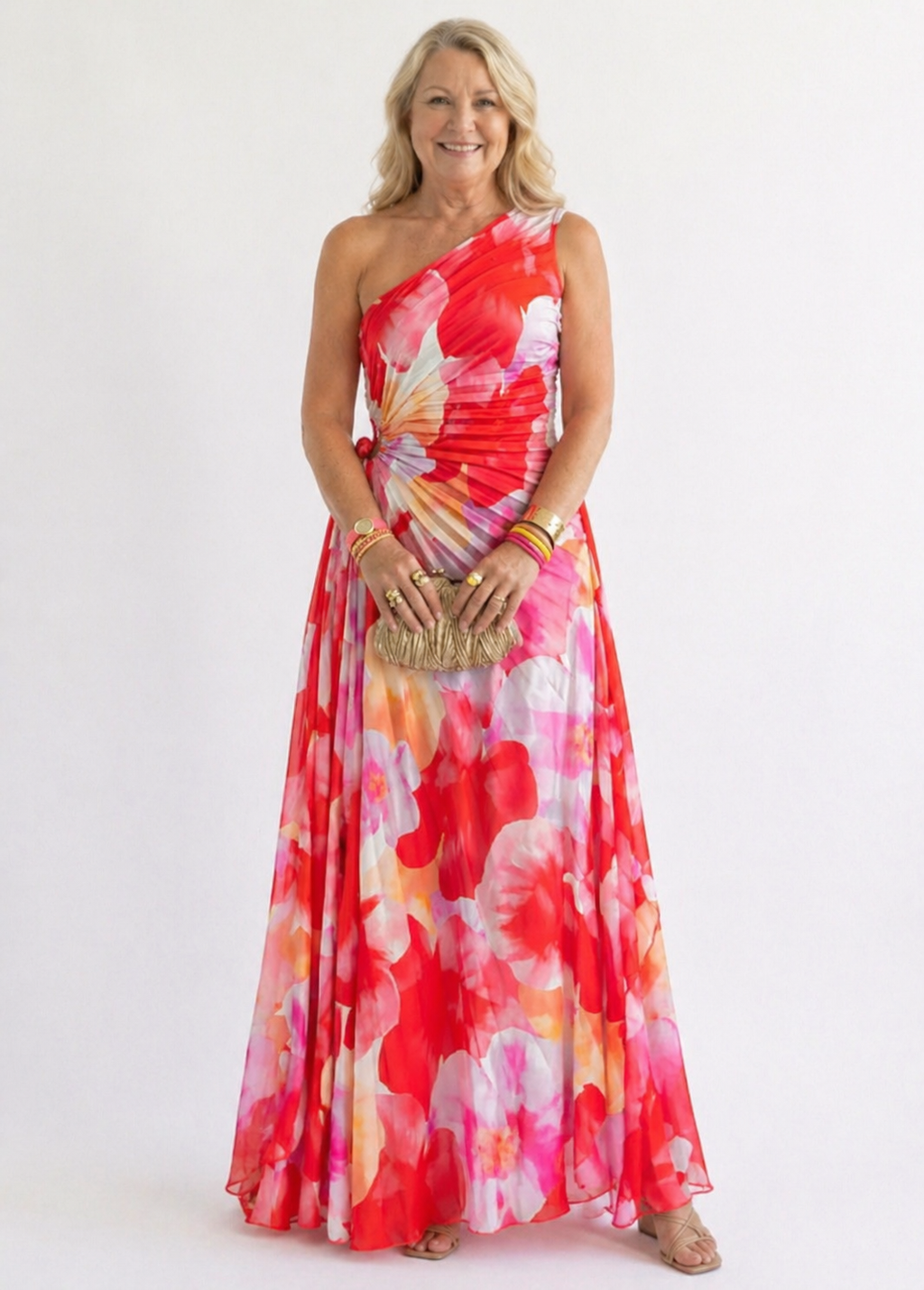 Vestido longo plissado de um ombro só com barra assimétrica — Bene Donna — imagem 01