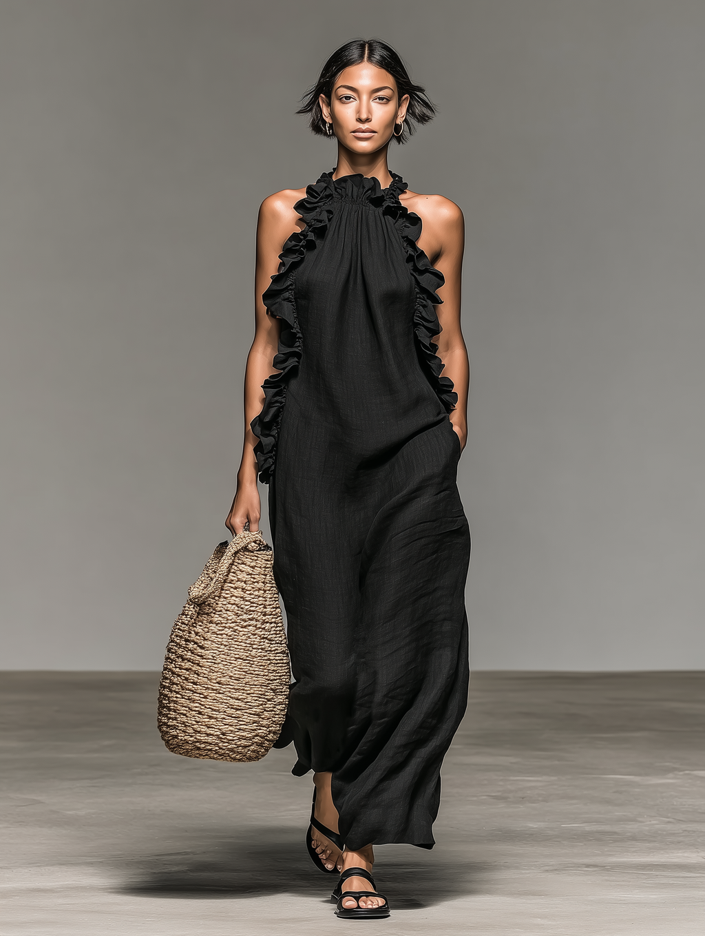 Vestido longo sem mangas com acabamentos de babados e bolsos — Bene Donna — imagem 01