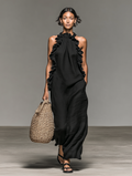 Vestido longo sem mangas com acabamentos de babados e bolsos — Bene Donna — imagem 01