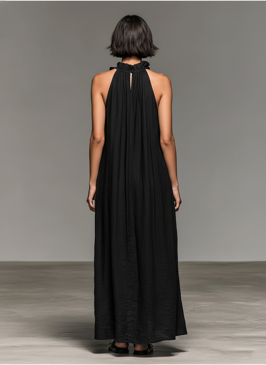 Vestido longo sem mangas com acabamentos de babados e bolsos — Bene Donna — imagem 02