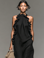Vestido longo sem mangas com acabamentos de babados e bolsos — Bene Donna — imagem 03