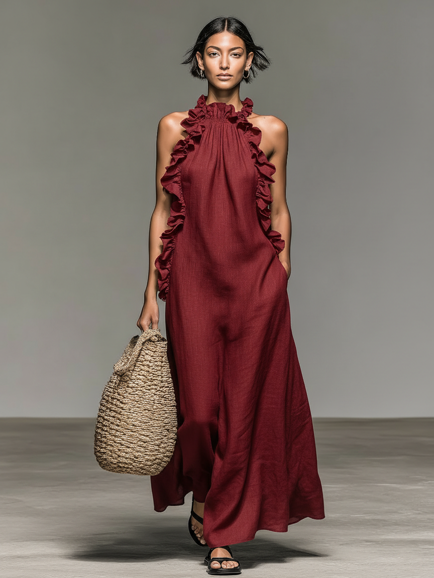 Vestido longo sem mangas com acabamentos de babados e bolsos — Bene Donna — imagem 05