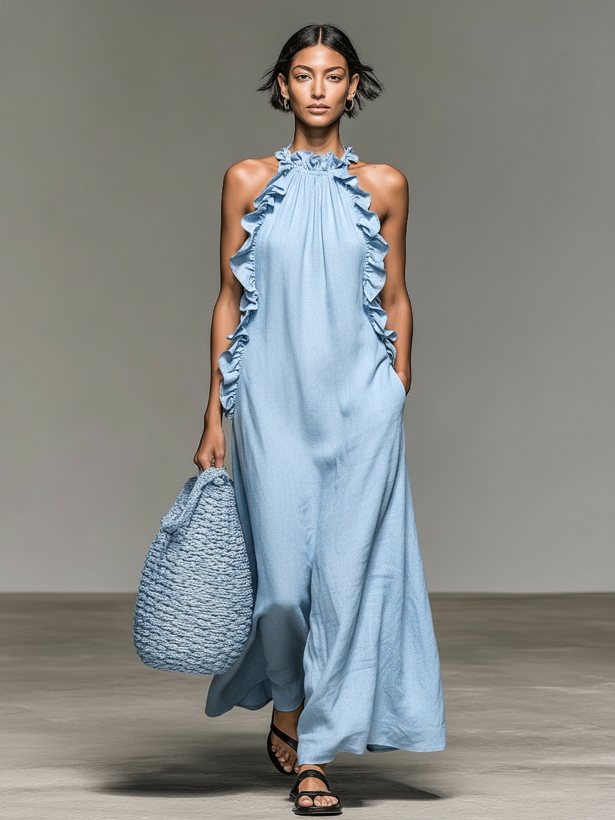Vestido longo sem mangas com acabamentos de babados e bolsos — Bene Donna — imagem 06