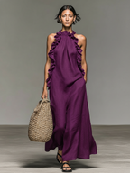 Vestido longo sem mangas com acabamentos de babados e bolsos — Bene Donna — imagem 07