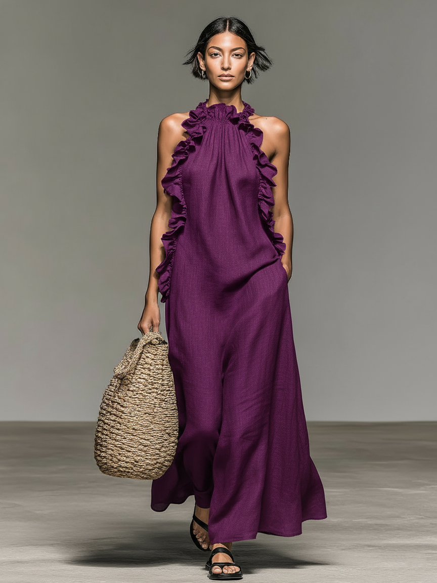 Vestido longo sem mangas com acabamentos de babados e bolsos — Bene Donna — imagem 07