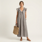 Vestido longo solto com decote V de babados e bolsos — Bene Donna — imagem 01