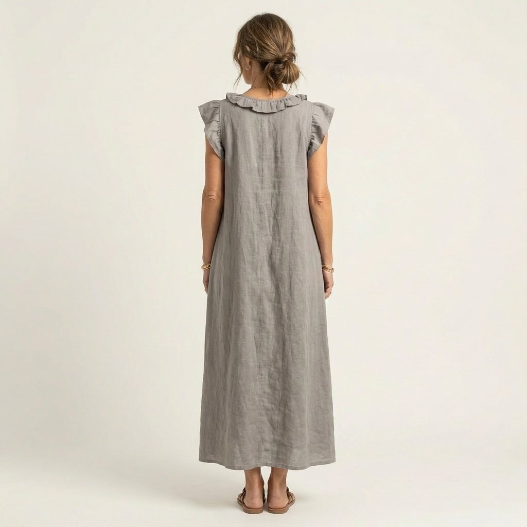 Vestido longo solto com decote V de babados e bolsos — Bene Donna — imagem 02