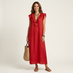 Vestido longo solto com decote V de babados e bolsos — Bene Donna — imagem 03