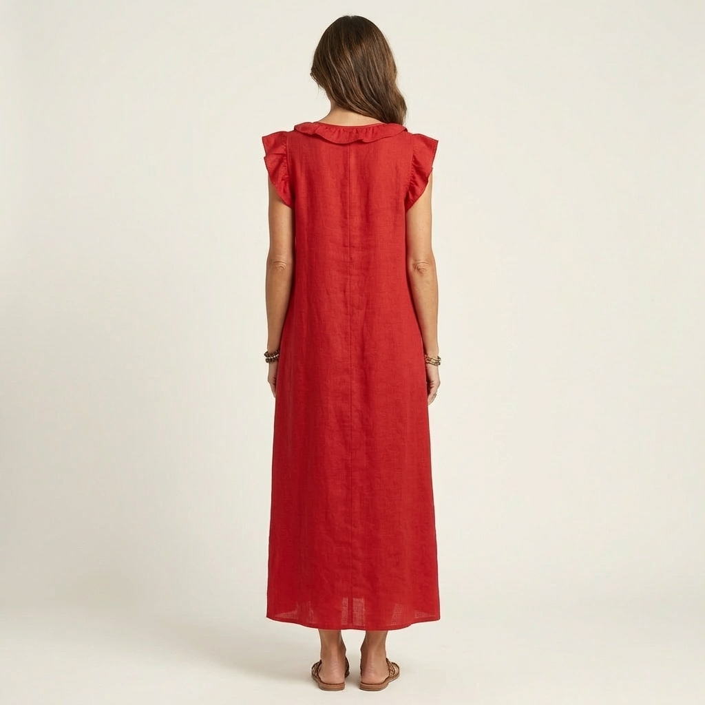 Vestido longo solto com decote V de babados e bolsos — Bene Donna — imagem 04