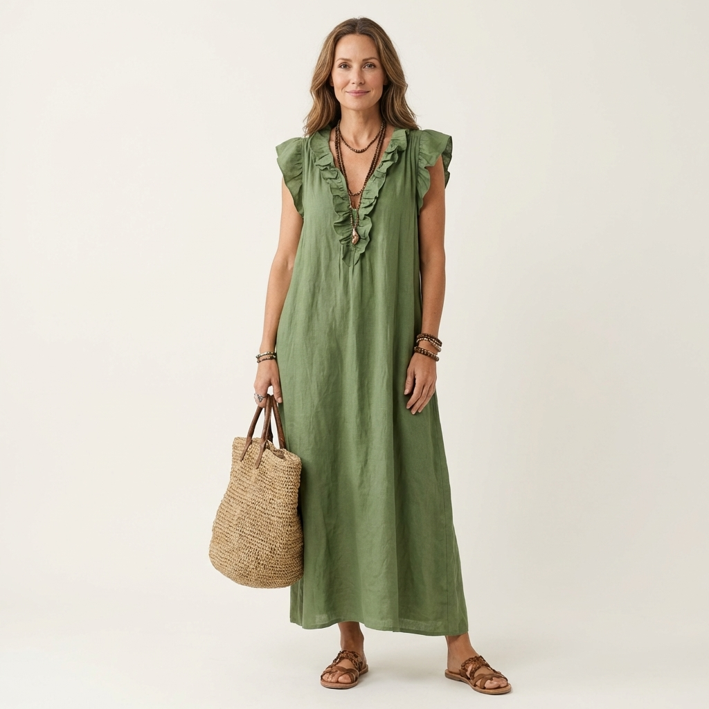 Vestido longo solto com decote V de babados e bolsos — Bene Donna — imagem 05