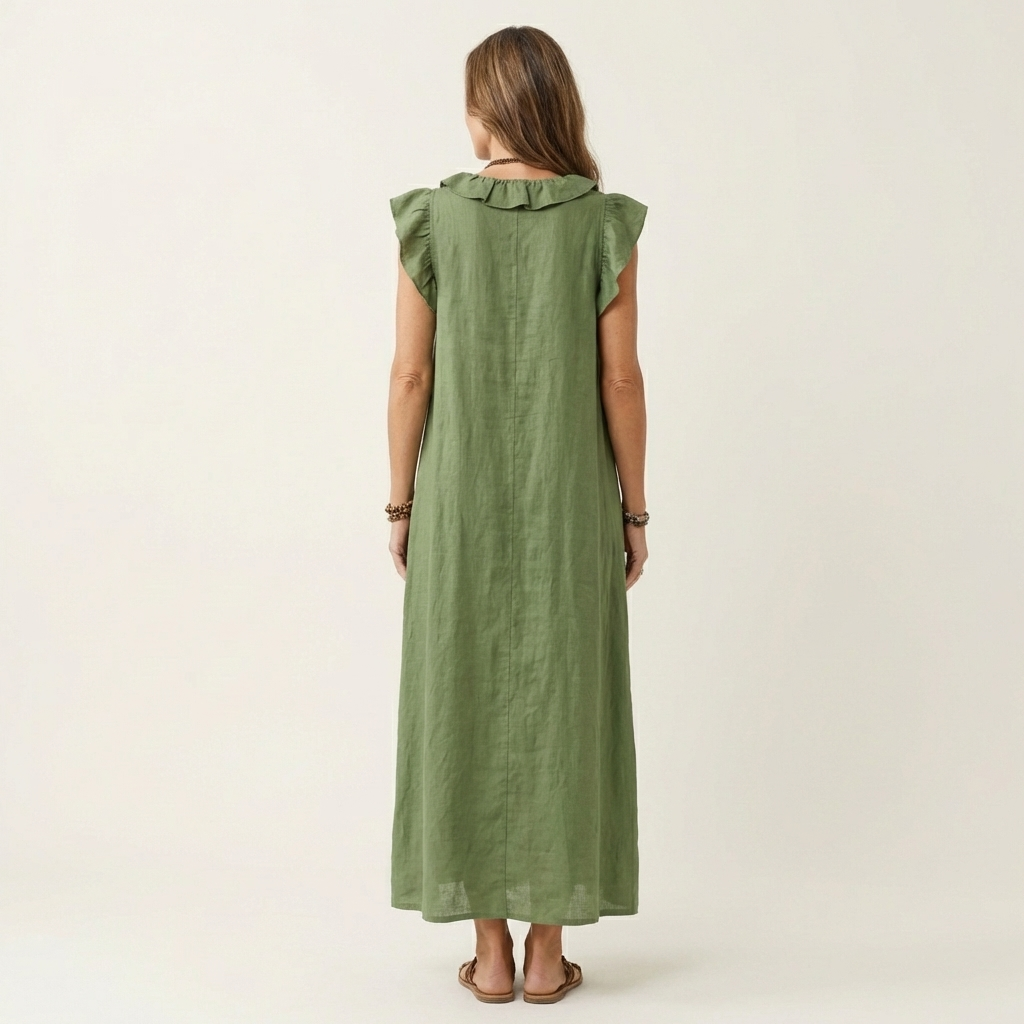 Vestido longo solto com decote V de babados e bolsos — Bene Donna — imagem 06