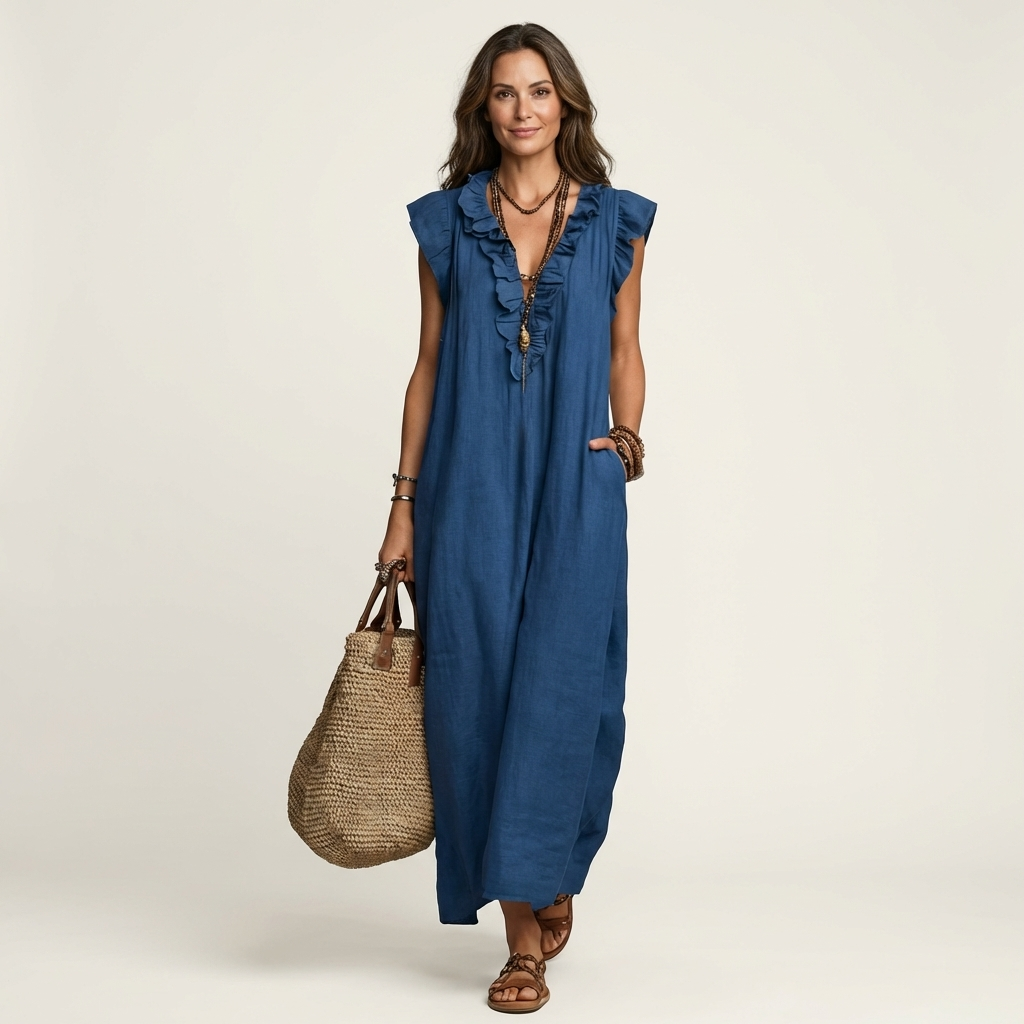 Vestido longo solto com decote V de babados e bolsos — Bene Donna — imagem 07