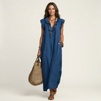 Vestido longo solto com decote V de babados e bolsos — Bene Donna — imagem 07