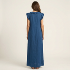 Vestido longo solto com decote V de babados e bolsos — Bene Donna — imagem 08
