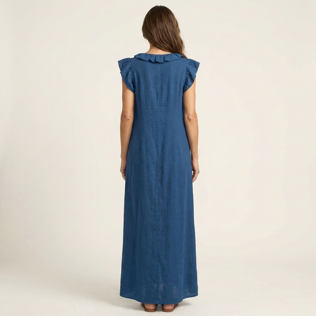 Vestido longo solto com decote V de babados e bolsos — Bene Donna — imagem 08