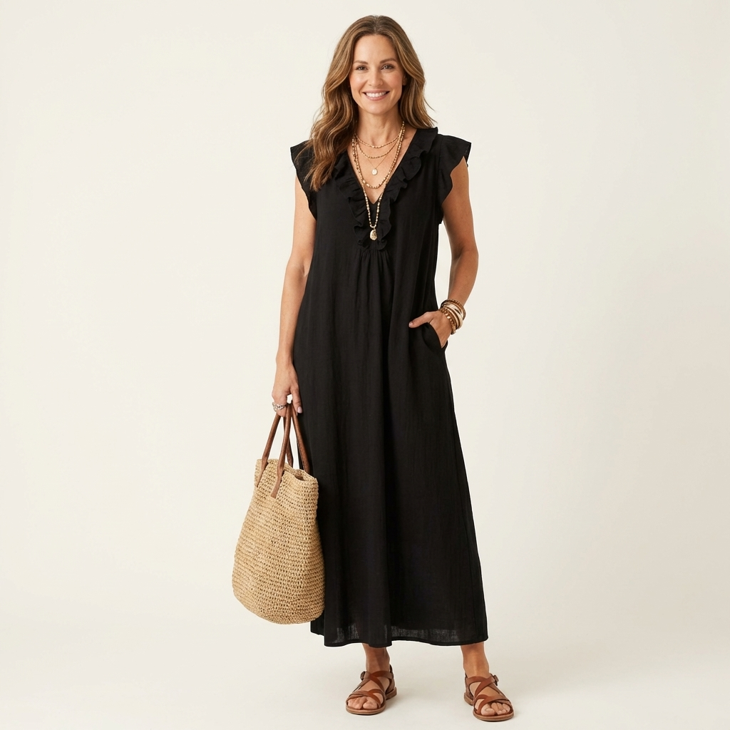 Vestido longo solto com decote V de babados e bolsos — Bene Donna — imagem 09