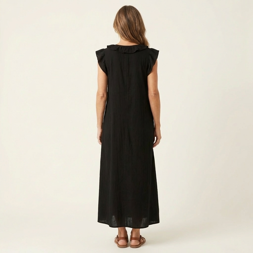 Vestido longo solto com decote V de babados e bolsos — Bene Donna — imagem 10