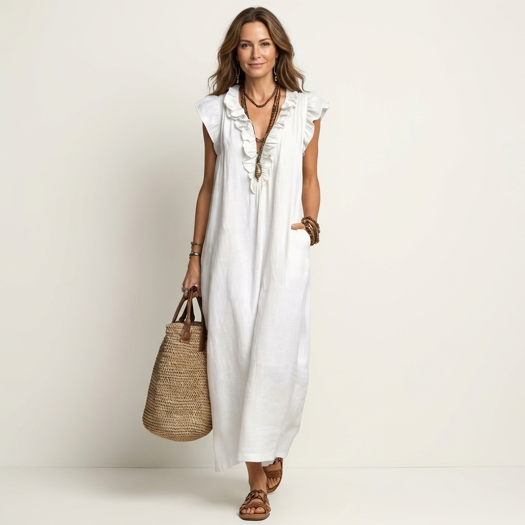 Vestido longo solto com decote V de babados e bolsos — Bene Donna — imagem 11