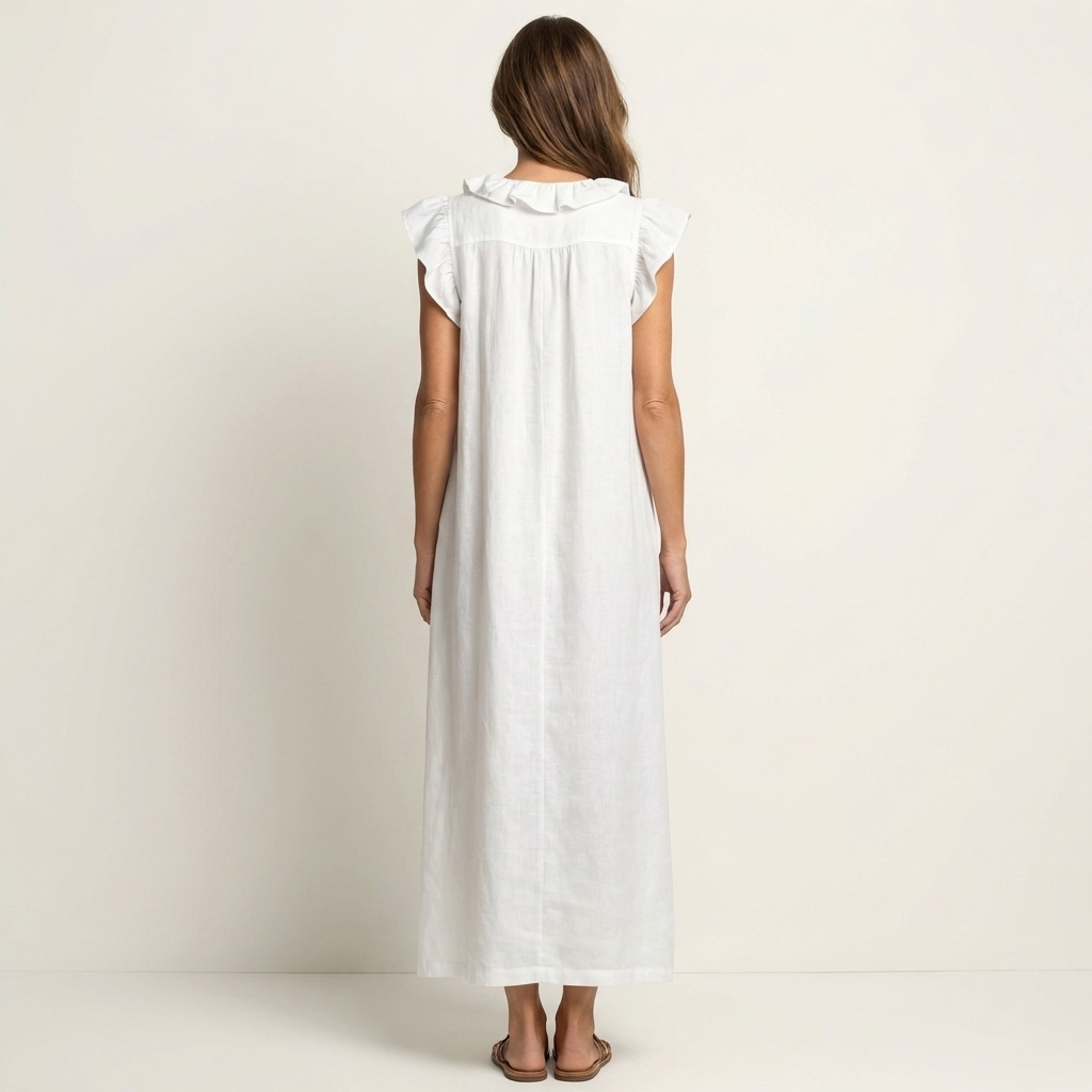 Vestido longo solto com decote V de babados e bolsos — Bene Donna — imagem 12