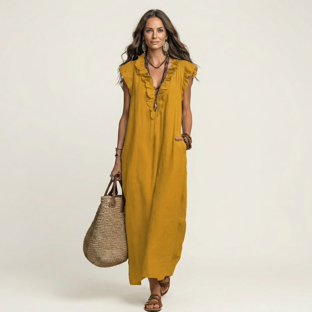 Vestido longo solto com decote V de babados e bolsos — Bene Donna — imagem 13