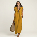 Vestido longo solto com decote V de babados e bolsos — Bene Donna — imagem 13