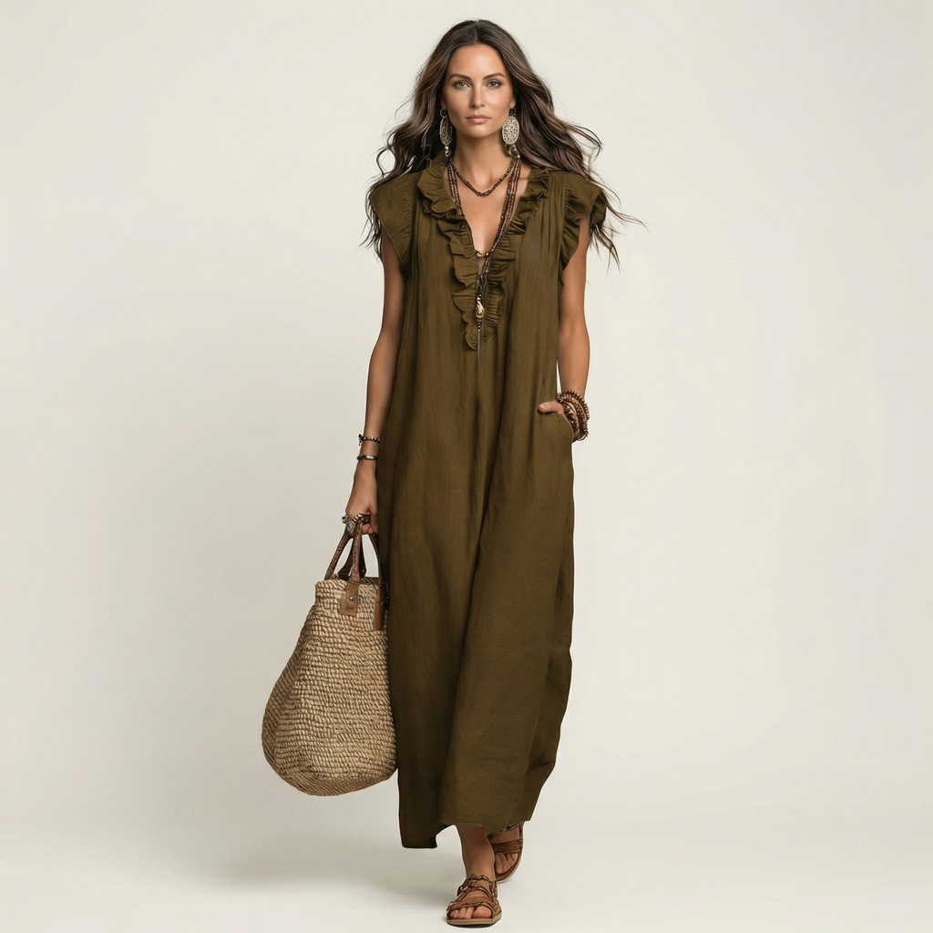 Vestido longo solto com decote V de babados e bolsos — Bene Donna — imagem 14